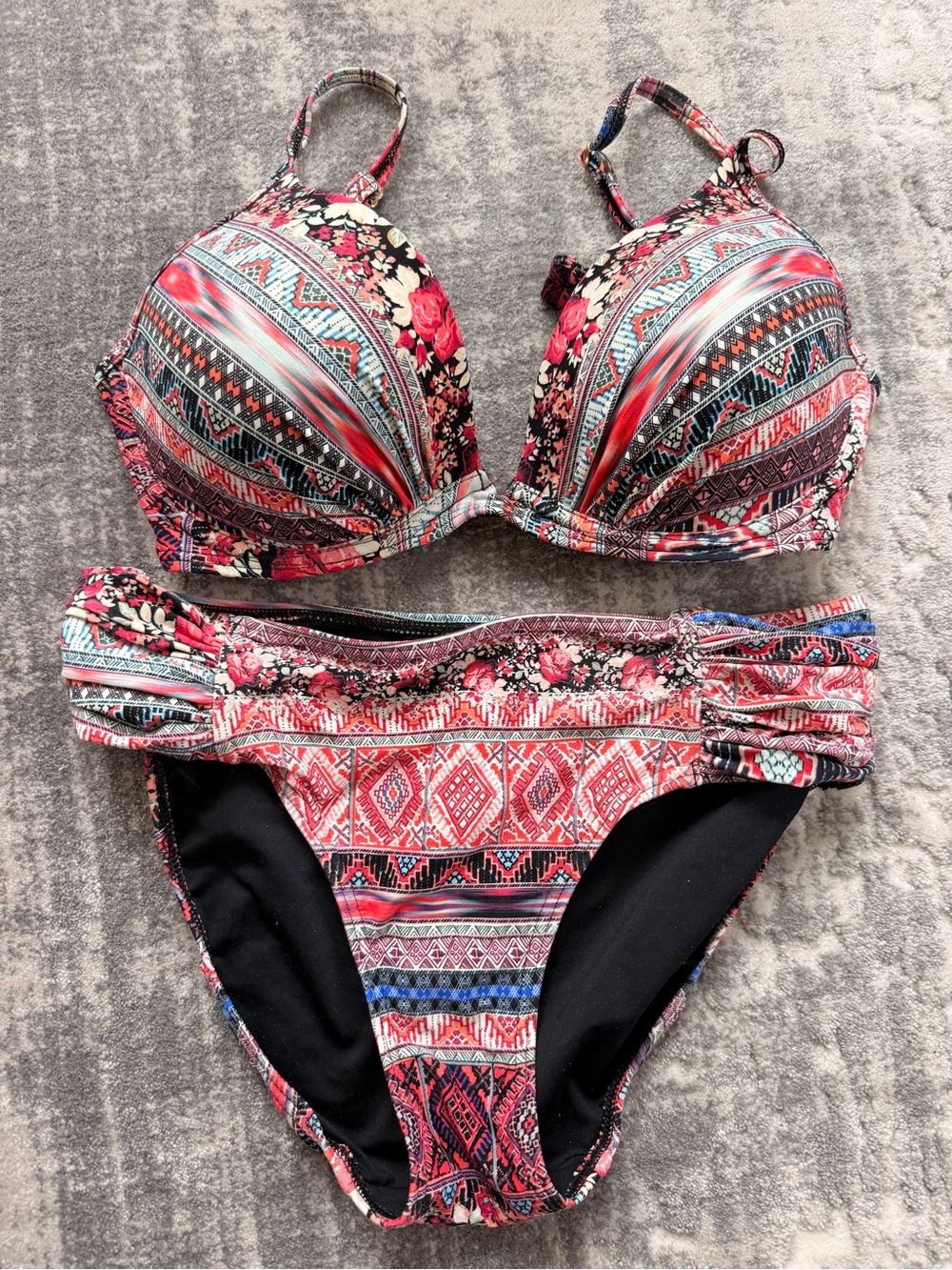 Floral Tribal Print Push-Up Bikini Set - Red